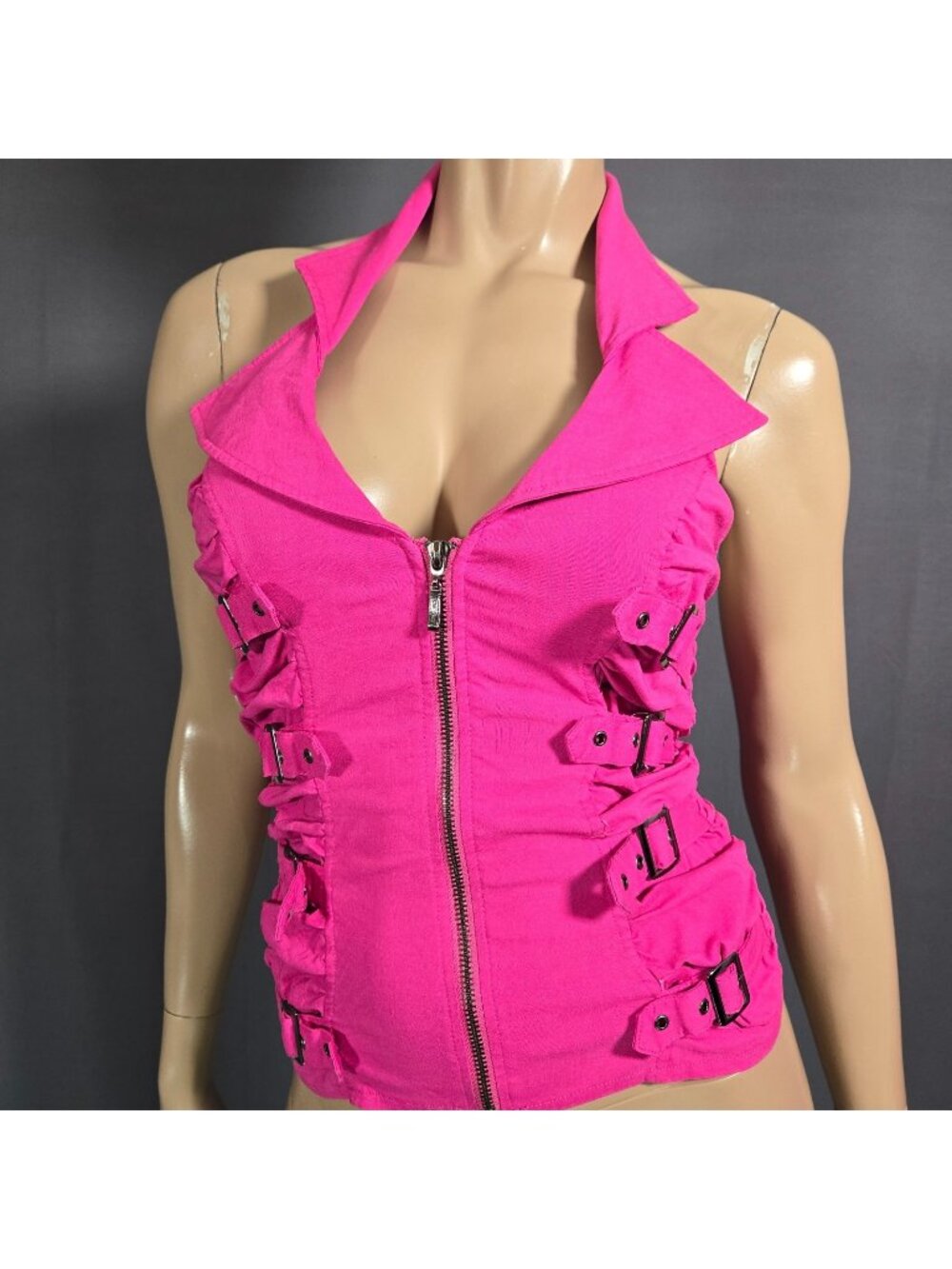 Y2K Hot Pink Buckle Halter Top Size S McBling 2000s Mall Goth Full Zip Up corset